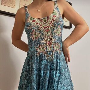 ⭐️Free People vtg 90s y2k boho aztec design turquoise asymmetric trapez dress XS